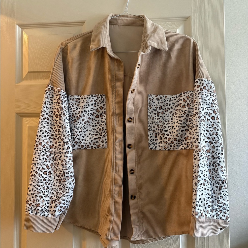 Corduroy Shacket with Leopard Print Sleeve Panels - Taupe & Cream